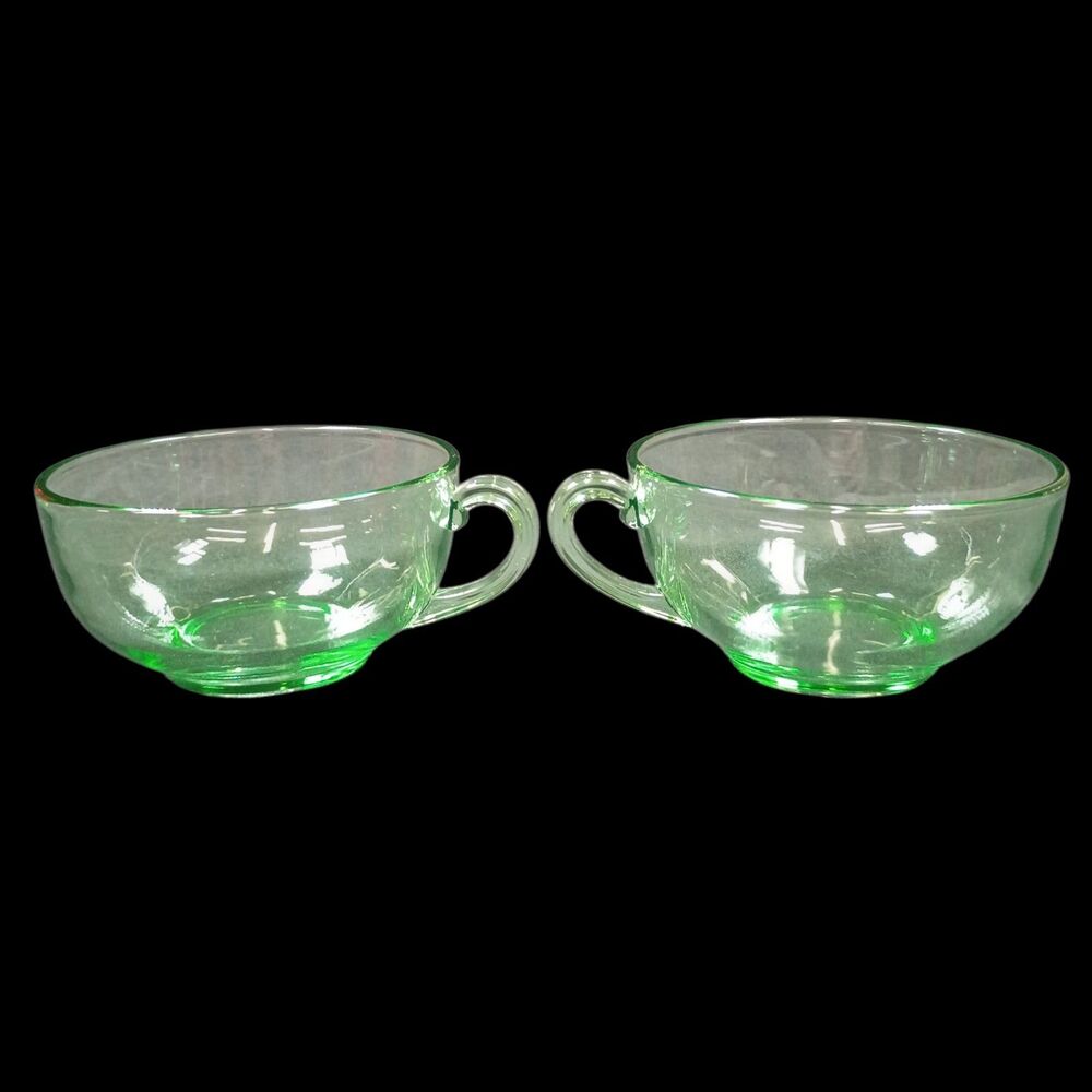 Pair Of 2 Fostoria Green Uranium Glass Teacup Water/Coffee Cups Vintage 1930s - Picture 6 of 9